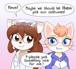  alfa995 anthro blue_eyes blush brown_eyes brown_hair cat cervine clothing deer dialogue doe_(alfa995) duo english_text eyewear feline female glasses goggles hair hoodie lab_coat mammal queen_(alfa995) smile speech_bubble text 