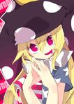  aki_maki_yuu alternate_headwear_color american_flag_dress bad_id bad_twitter_id bangs blonde_hair clownpiece fingers_together hat highres jester_cap long_hair looking_at_viewer neck_ruff open_mouth polka_dot red_background red_eyes solo touhou very_long_hair 