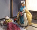  blonde_hair blush breasts brown_eyes chanta_(ayatakaoisii) curvy dress fox_tail hat highres huge_breasts indoors long_sleeves looking_at_another lying multiple_girls multiple_tails on_stomach pillow_hat plump red_dress short_hair tabard tail touhou vacuum_cleaner white_dress wide_hips wide_sleeves yakumo_ran yakumo_yukari 