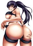  1girl ass ass_grab bare_shoulders black_hair blush breasts deep_skin from_behind from_below huge_ass large_breasts long_hair looking_at_viewer looking_down open_mouth original ponytail shiny shiny_skin shorts sideboob simple_background smile solo tama_(tamakaka1031) thong white_background yellow_eyes 