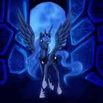  blue_eyes blue_feathers blue_fur blue_hair cutie_mark dalagar detailed_background equine feathered_wings feathers female feral friendship_is_magic fur hair hooves horn mammal my_little_pony nude princess_luna_(mlp) smile solo standing winged_unicorn wings 