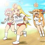  bouncing_breasts bread bread_eating_race breasts buruma commentary_request cuffs fang fangs food horns hoshiguma_yuugi ibaraki_kasen ibuki_suika jumping large_breasts long_hair melon_bread multiple_girls red_eyes running shackles shirosato sports_festival touhou 