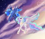 blue_eyes blue_feathers blue_hair cutie_mark dalagar day duo equine feathered_wings feathers female flying friendship_is_magic hair hooves horn mammal my_little_pony outside pink_eyes princess_celestia_(mlp) princess_luna_(mlp) sibling sisters smile white_feathers winged_unicorn wings 