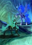  blue_eyes blue_feathers blue_fur blue_hair changeling cutie_mark dalagar duo equine feathered_wings feathers friendship_is_magic fur green_eyes green_hair hair hooves horn insect_wings magic mammal my_little_pony nude princess_luna_(mlp) queen_chrysalis_(mlp) winged_unicorn wings 