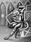  2012 anthro barefoot clothed clothing dalagar detailed_background digitigrade dragon female greyscale horn monochrome solo 