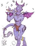  1998 anthro chris_sawyer claws clothing dancing dragon eyes_closed flute horn jewelry jingle_bells loincloth male music musical_instrument musical_note musician necklace playing_flute playing_music scalie small_wings solo western_dragon wings 