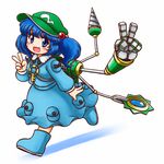  backpack bag blue_eyes blue_hair blue_shirt blue_skirt blush_stickers boots drill eyebrows eyebrows_visible_through_hair full_body green_hat hair_bobbles hair_ornament hat kawashiro_nitori key long_sleeves looking_at_viewer mechanical_arm nitamago open_mouth pocket rubber_boots shirt short_hair simple_background skirt skirt_set smile solo touhou two_side_up v white_background 