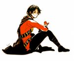  1boy bandoliers batman_(series) belt bird black_hair boots cape dc_comics eyes_closed male_focus red_robin robin_(bird) simple_background sitting smile tim_drake white_background 