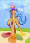  blue_hair cutie_mark dalagar day equine fan_character female feral hair hooves horn mammal my_little_pony nude open_mouth outside purple_eyes smile solo standing teeth tongue unicorn 