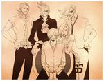  1girl 4boys brother_and_sister brothers goatee hair_over_one_eye handcuffs monochrome multiple_boys one_piece sanji siblings sitting sunglasses tattoo vinsmoke_family vinsmoke_ichiji vinsmoke_niji vinsmoke_reiju vinsmoke_yonji 