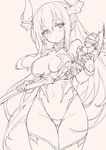  bangs bare_shoulders breasts cane colo_mag-chan draph gloves granblue_fantasy hair_between_eyes haoni horns leotard lineart long_hair looking_at_viewer medium_breasts monochrome pointy_ears solo thighhighs 