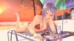  1girl 3d arm_support beach bikini blurry blurry_background depth_of_field eyes_closed glass long_hair lying on_stomach palm red_bikini red_shoes sea shoes side-tie_bikini sky smile solo sunglasses sunglasses_removed white_hair 