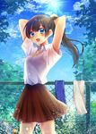  adjusting_hair arms_behind_head arms_up bad_id bad_pixiv_id black_hair blue_eyes blue_sky breasts brown_skirt bubble bush chain-link_fence cleavage cloud cloudy_sky collarbone collared_shirt cowboy_shot day fence hair_between_eyes highres kaname_monika lens_flare lock long_hair looking_at_viewer medium_breasts open_mouth original padlock pleated_skirt ponytail see-through shirt short_sleeves skirt sky smile solo sun tree water white_shirt 
