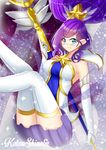  blue_eyes highres janna_windforce katou_shinobu league_of_legends ponytail purple_hair skirt star_guardian_janna thighhighs white_legwear 