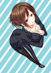  ass blue_eyes breasts brown_hair cleavage foreshortening formal from_above hands_on_own_chest high_heels large_breasts leaning_forward mutou_riu original pantyhose ponytail solo 