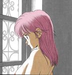 1girl breasts long_hair looking_out_window looking_outside nipples nude pink_hair profile red_eyes solo standing window 