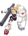  bazooka black_serafuku blonde_hair green_eyes gundam gundam_0083 gundam_gp-02_physalis kantai_collection long_hair namesake parody remodel_(kantai_collection) school_uniform serafuku shield simple_background smile solo taishi_(moriverine) thrusters weapon white_background yuudachi_(kantai_collection) 