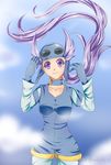  1girl breasts choker cloud gloves goggles goggles_on_head gym_leader long_hair melody-musique nagi_(pokemon) pokemon pokemon_(game) pokemon_rse purple_hair purples_eyes sky smile solo 