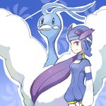  1girl altaria bird blue_background choker goggles goggles_on_head helmet nagi_(pokemon) pokemon pokemon_(creature) pokemon_(game) pokemon_rse purple_eyes purple_hair smile standing 