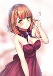  adjusting_hair aruma_jiki bare_shoulders blush breasts brown_hair cleavage commentary_request detached_collar dress large_breasts nanami_haruka short_hair smile solo uta_no_prince-sama yellow_eyes 