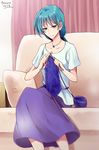  apron blue_eyes blue_hair blush cardfight!!_vanguard jewelry knitting knitting_needle long_hair mature nauchi necklace needle purple_skirt sendou_shizuka skirt solo twitter_username yarn yarn_ball 