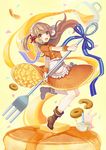  :d boots brown_eyes brown_footwear brown_hair brown_skirt bunny butter doughnut error food food_themed_clothes fork long_hair mixing_bowl morinaga_(brand) open_mouth original oversized_object pancake personification pitcher skirt smile standing sunsnny syrup whisk 