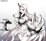  :o breasts claws detached_sleeves dress gradient gradient_background high_collar highres horn kantai_collection large_breasts long_hair open_mouth red_eyes ribbed_dress ribbed_sleeves roshiakouji-chan seaport_hime shinkaisei-kan short_dress sideboob solo twitter_username very_long_hair white_hair white_skin wide_sleeves 