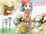  2015 apron bandanna blush gloves mareep npc_trainer open_mouth pokemon pokemon_(creature) pokemon_(game) pokemon_breeder_(pokemon) pokemon_oras pokemon_rse ruck text translation_request 