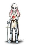  anthro armor blue_eyes breasts chainmail clothing cross female fur gauntlets gloves greaves jewelry knight lagomorph looking_at_viewer mammal mancoin melee_weapon necklace rabbit smile solo sword templar weapon white_fur 