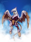  2013 anthro armor avian beak brown_feathers dalagar day fan_character feathered_wings feathers flying gryphon holding_object holding_weapon looking_at_viewer melee_weapon my_little_pony outside solo sword weapon white_eyes white_feathers wings yellow_beak 