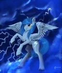  ambiguous_gender blue_feathers blue_fur blue_hair cutie_mark dalagar equine fan_character feathers feral flying fur hair hooves mammal my_little_pony nude outside pegasus sky solo spread_wings wings yellow_eyes 