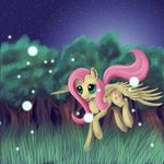  blue_eyes cutie_mark dalagar equine eyelashes feathers female feral fluttershy_(mlp) flying forest friendship_is_magic fur grass hair hooves mammal my_little_pony night nude open_mouth outside pegasus pink_hair sky smile solo star starry_sky teeth tree wings yellow_feathers yellow_fur 