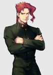  absurdres bad_id bad_pixiv_id crossed_arms earrings gakuran grey_background highres jewelry jojo_no_kimyou_na_bouken kakyouin_noriaki male_focus purple_eyes red_hair school_uniform sekisei smile solo stardust_crusaders 