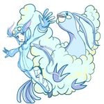  1girl :o altaria covanim flying full_body gloves goggles goggles_on_head gym_leader helmet long_hair nagi_(pokemon) open_mouth outstretched_arm outstretched_arms pokemon pokemon_(creature) pokemon_(game) pokemon_oras ponytail simple_background white_background 