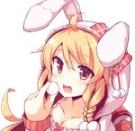  ahoge animal_ears bad_id bad_pixiv_id blonde_hair bow braid breasts bunny_ears cleavage eating flower_knight_girl food hood long_hair looking_at_viewer medium_breasts plaid plaid_bow red_bow red_eyes shinopoko smile solo susuki_(flower_knight_girl) upper_body white_background 