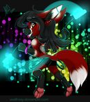  2016 amber_eyes anthro black_hair black_nose clothed clothing digitigrade ear_piercing eyewear female fur glasses hair piercing red_fur smile solo standing teeth wolflady 