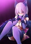  alternate_costume animal_costume animal_ears blush breasts clenched_hands dangerous_beast elbow_gloves eyes_visible_through_hair fake_animal_ears fate/grand_order fate_(series) fur_trim gloves hair_over_one_eye halloween_costume kurikara large_breasts mash_kyrielight o-ring o-ring_top purple_eyes purple_gloves purple_hair purple_legwear short_hair solo thighhighs 