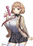  breasts brown_eyes brown_hair button_gap energy_gun hair_ornament hairclip highres huge_breasts mizuta_kenji narusawa_ryouka necktie occultic;nine open_mouth ray_gun skirt solo weapon 