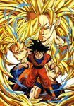  1boy 90s black_hair blonde_hair dragon_ball dragonball_z long_hair looking_at_viewer muscle serious smile son_gokuu super_saiyan super_saiyan_2 super_saiyan_3 