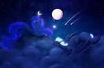  blue_eyes blue_feathers blue_fur blue_hair cutie_mark dalagar dragon duo equine eye_contact feathered_wings feathers friendship_is_magic fur hair hooves horn mammal membranous_wings moon my_little_pony night outside princess_luna_(mlp) sky smile star starry_sky white_hair winged_unicorn wings 