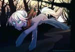  blue_eyes cutie_mark detailed_background equine fan_character feral forest hair hooves ka-samy male mammal my_little_pony nude outside scarf solo standing tree white_hair 