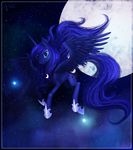  2014 absurd_res blue_eyes blue_feathers blue_fur blue_hair cutie_mark dalagar detailed equine feathered_wings feathers female feral flying friendship_is_magic full_moon fur hair hi_res hooves horn mammal moon my_little_pony night nude outside princess_luna_(mlp) sky smile solo winged_unicorn wings 