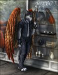  4_toes 5_fingers anthro barefoot black_nose brown_feathers canine clothed clothing day detailed detailed_background digitigrade dragon feathered_wings feathers fingerless_gloves fur gloves grey_fur mammal membranous_wings outside reflection sidonie toes wings wolf yellow_eyes 