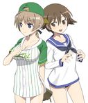  baseball_cap baseball_jersey baseball_mitt blue_eyes braid breasts brown_eyes brown_hair cleavage collarbone commentary_request hair_ribbon hat large_breasts looking_at_breasts lynette_bishop miyafuji_yoshika multiple_girls nanashino no_pants open_mouth panties ribbon sailor_collar school_swimsuit shirt single_braid smile spiked_hair strike_witches striped striped_shirt sweat swimsuit swimsuit_under_clothes underwear vertical-striped_shirt vertical_stripes white_panties world_witches_series 