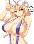  absurdres bare_arms bare_shoulders bikini blonde_hair breast_hold breasts cleavage closed_mouth collarbone commentary_request hat hat_ribbon highres large_breasts long_hair looking_at_viewer mob_cap mokkori9 navel purple_bikini purple_eyes red_ribbon ribbon sidelocks slingshot_swimsuit smile solo speech_bubble stomach swimsuit touhou upper_body v white_background yakumo_yukari 