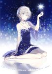  anastasia_(idolmaster) bare_shoulders blue_eyes blurry bokeh breasts cleavage depth_of_field domotolain dress idolmaster idolmaster_cinderella_girls jewelry md5_mismatch medium_breasts necklace reflection short_hair silver_hair sitting solo sparkle wariza 