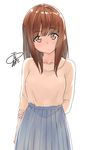  arms_behind_back bangs blouse brown_eyes brown_hair head_tilt highres long_hair long_sleeves looking_at_viewer original pleated_skirt signature simple_background skirt solo standing upper_body white_background yuki_arare 