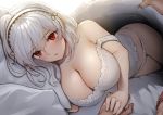  1boy 1girl azur_lane bare_shoulders bed bed_sheet blanket blush breasts cleavage commentary_request eyebrows_visible_through_hair hair_between_eyes hairband hand_on_another&#039;s_hand lace-trimmed_hairband large_breasts lingerie looking_at_viewer lying on_side open_mouth panties pillow pov pyz_(cath_x_tech) red_eyes short_hair sidelocks sirius_(azur_lane) under_covers underwear white_hair white_panties 
