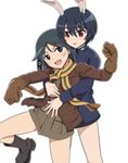  animal_ears bandaid bandaid_on_face black_eyes black_hair blush boots brave_witches brown_eyes brown_gloves bunny_ears gloves hug hug_from_behind jacket kanno_naoe military military_uniform multiple_girls nanashino open_mouth scarf shimohara_sadako short_hair smile uniform world_witches_series 