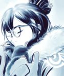  artist_name bangs black-framed_eyewear blue closed_eyes closed_mouth coat eyelashes fur-trimmed_jacket fur_trim glasses gloves hair_bun hair_ornament hair_stick hand_to_own_mouth jacket long_sleeves luffie mei_(overwatch) monochrome nose overwatch parka short_hair sidelocks smile snowflake_hair_ornament solo winter_clothes winter_coat 